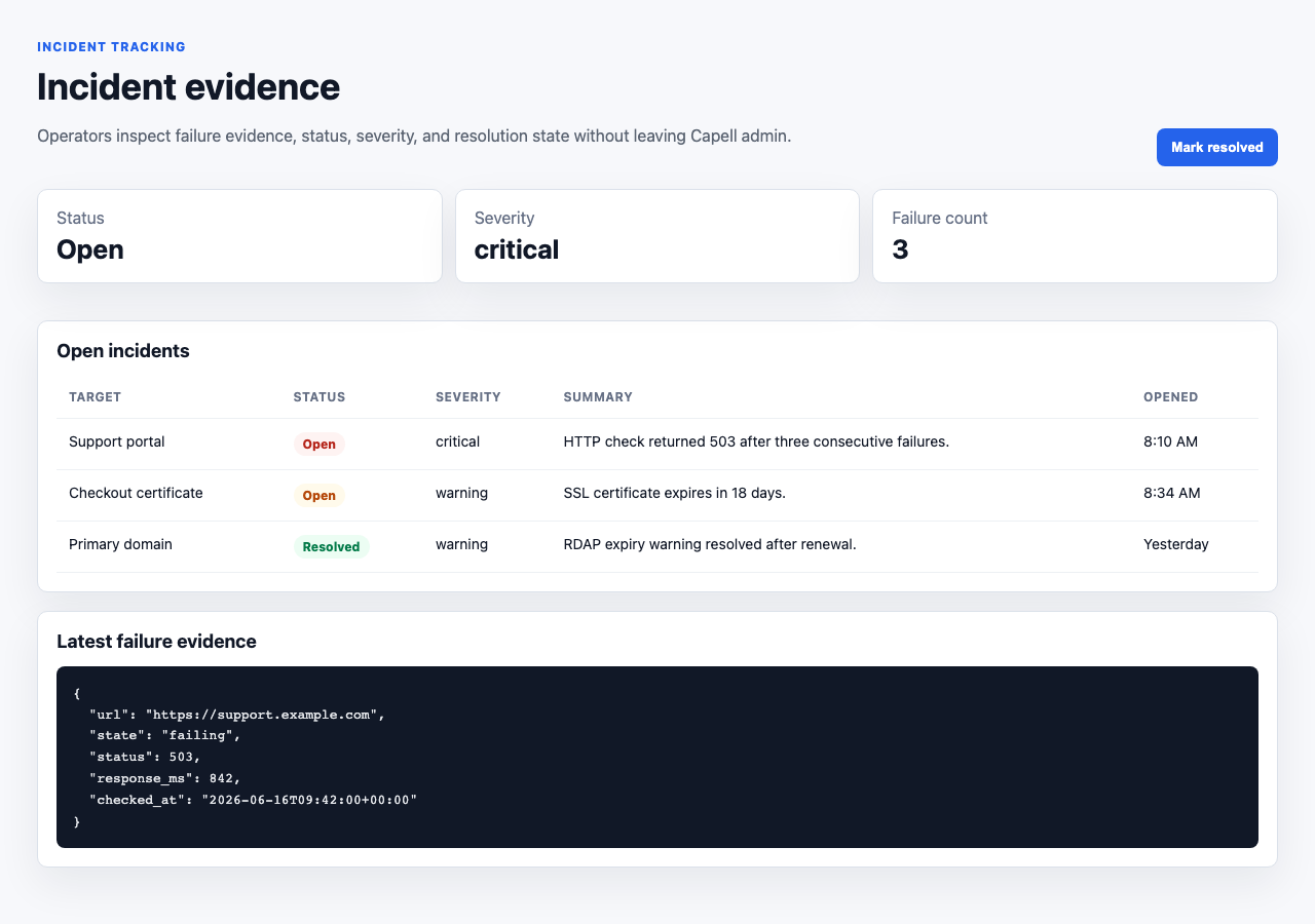Site Monitor incident proof showing open incidents, severity, failure count, and latest failure evidence.
