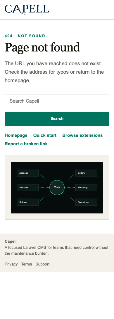 Smart 404 suggestions on an anonymous missing page at mobile width