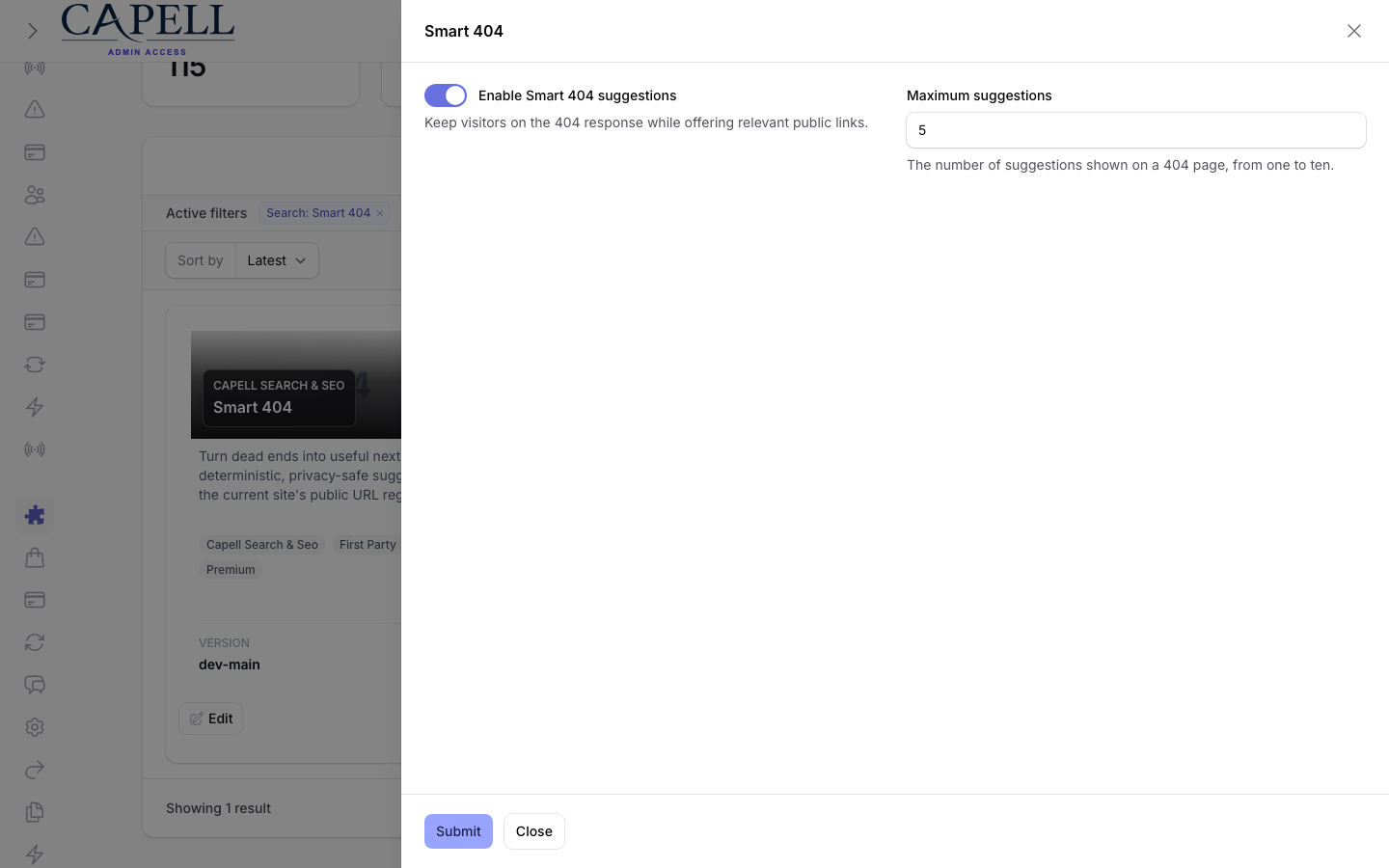 Smart 404 settings modal in the authenticated Extensions admin