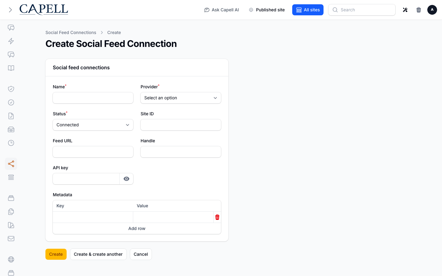 Social Feed Connection Setup screenshot.