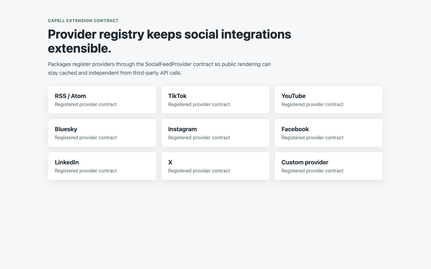 Social Feeds provider registry diagnostics showing RSS TikTok YouTube Bluesky and custom providers.