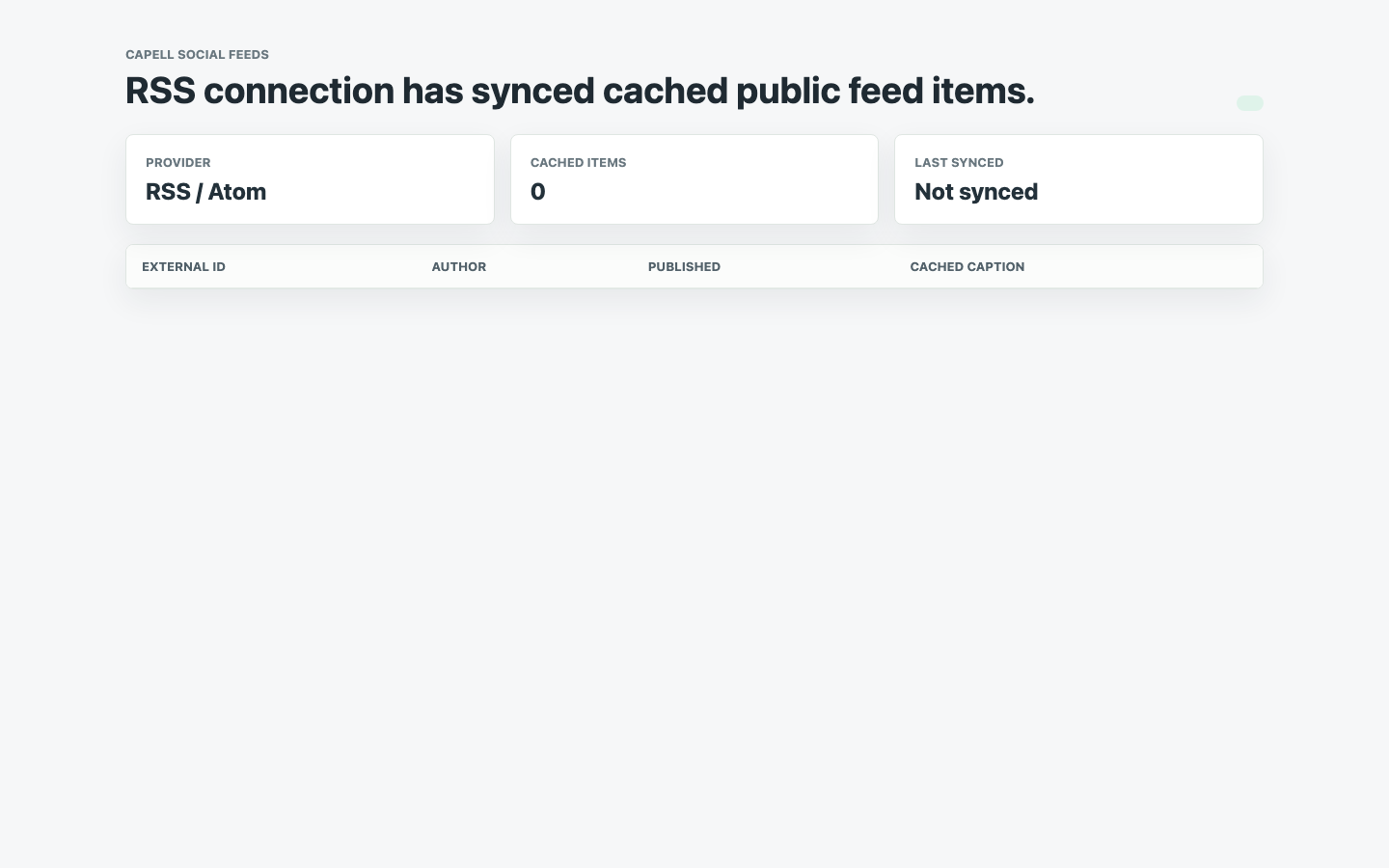 Social Feeds RSS sync state showing cached feed item records ready for public rendering.