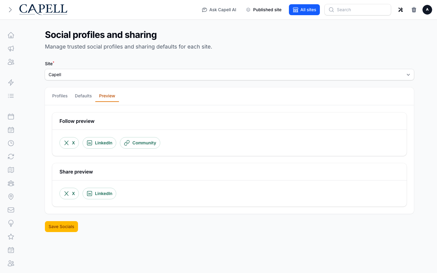 Socials follow and share defaults with their live preview.
