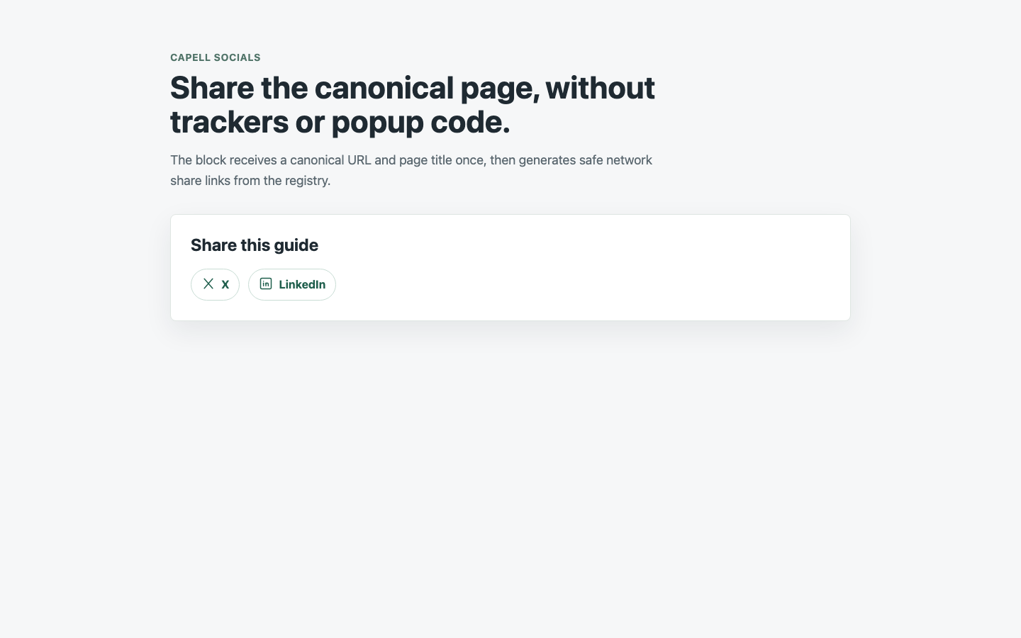 A public Socials share widget with canonical page links.