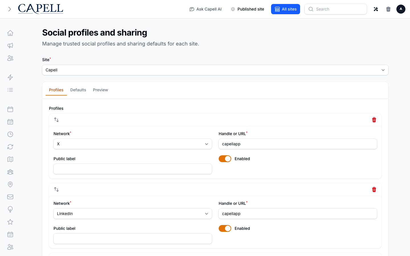 The site-scoped Socials profile editor in Capell Admin.