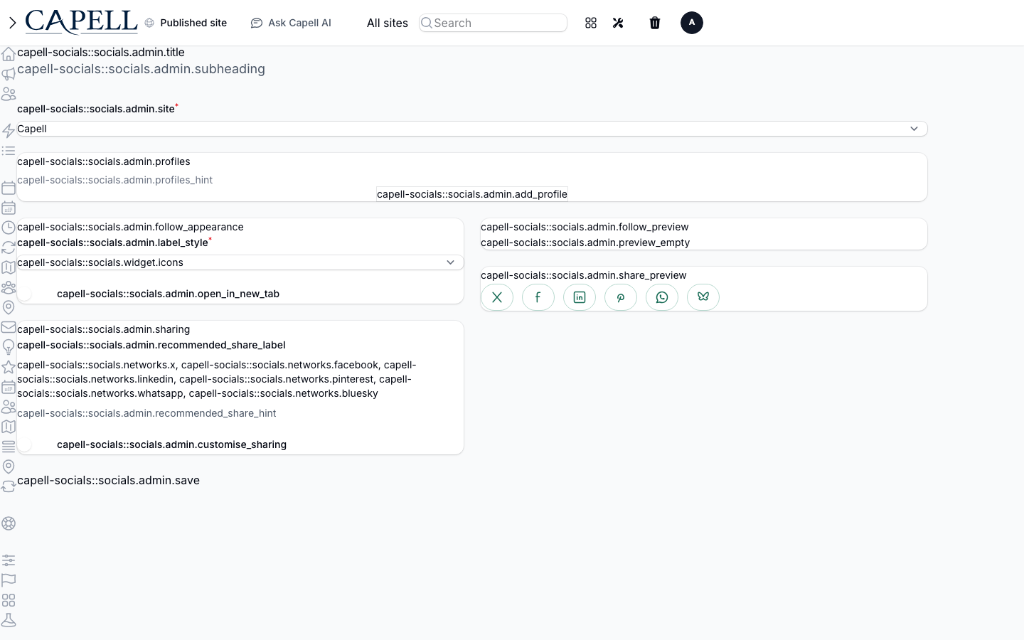 The site-scoped Socials profile editor in Capell Admin.