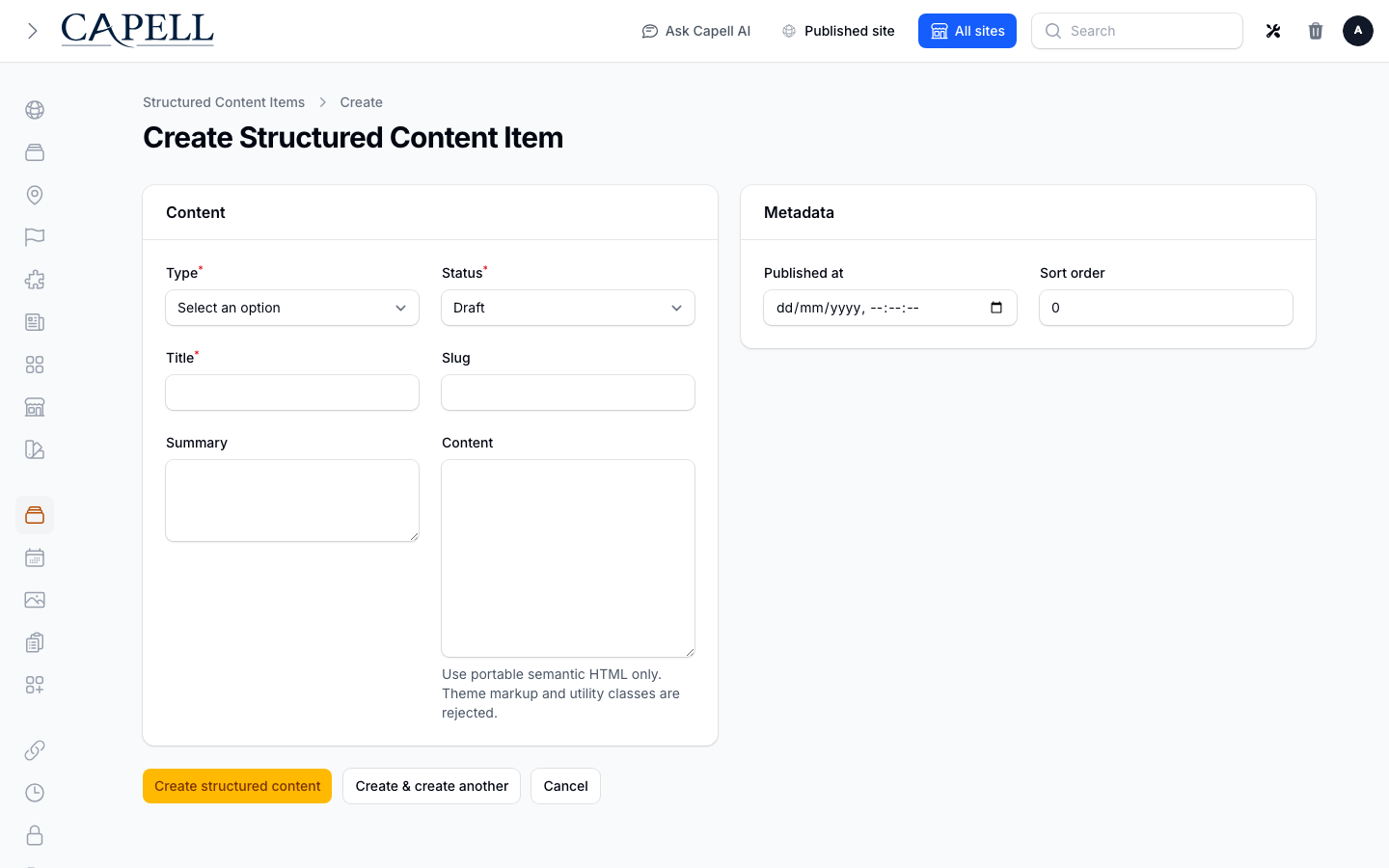 Structured Content Form screenshot.