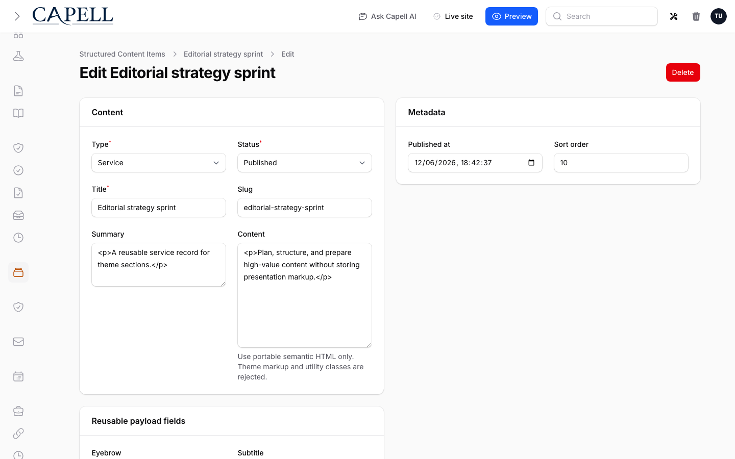 Structured Content Theme Rendering screenshot.