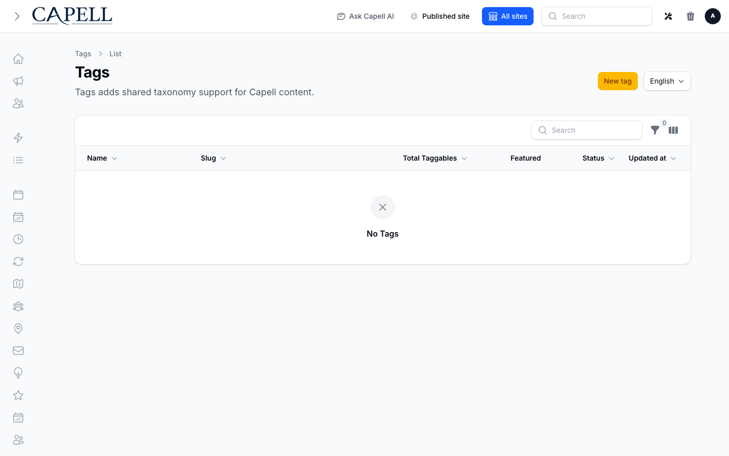 Tags admin index with seeded taxonomy records.