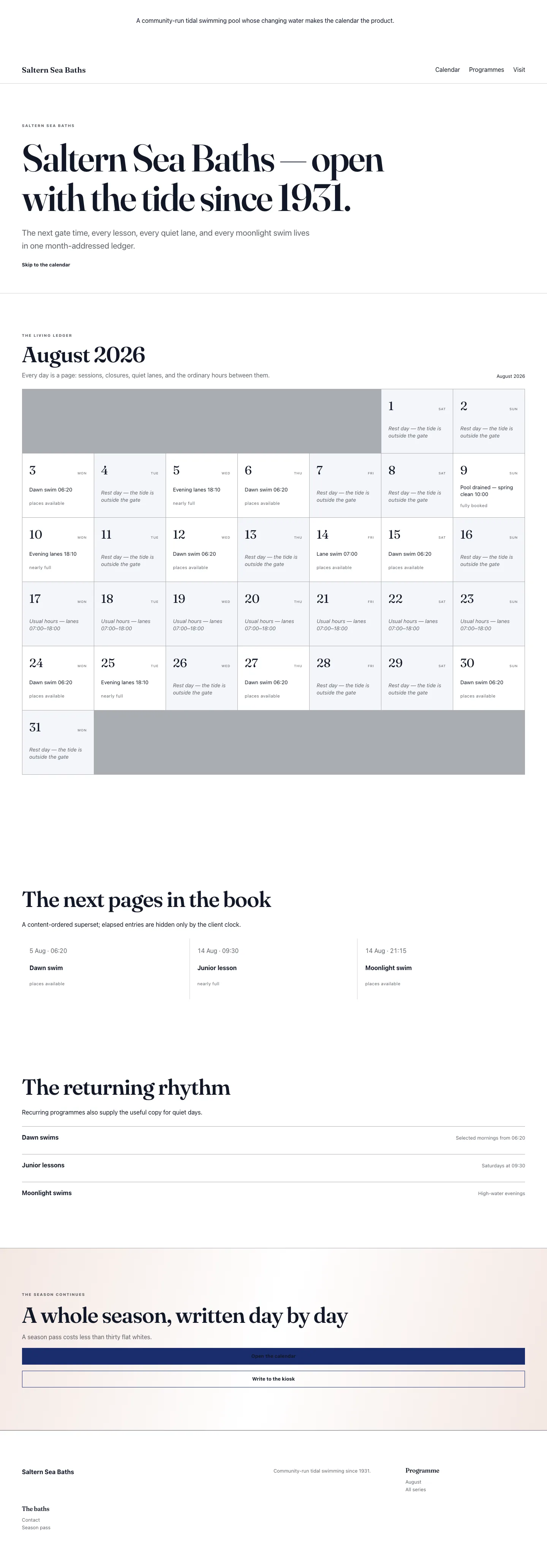 Almanac homepage with a month grid and featured calendar entry