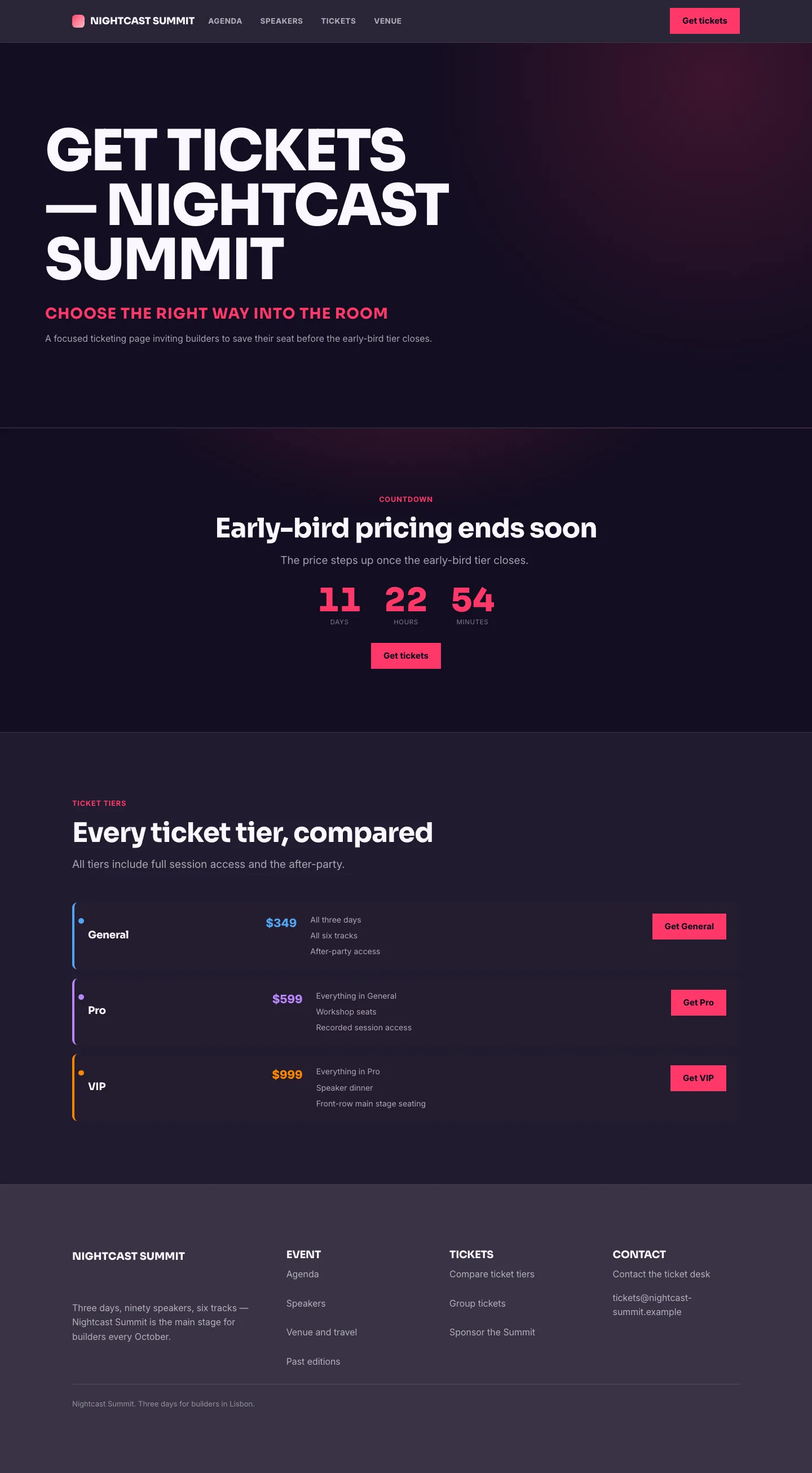 Events ticket call-to-action page