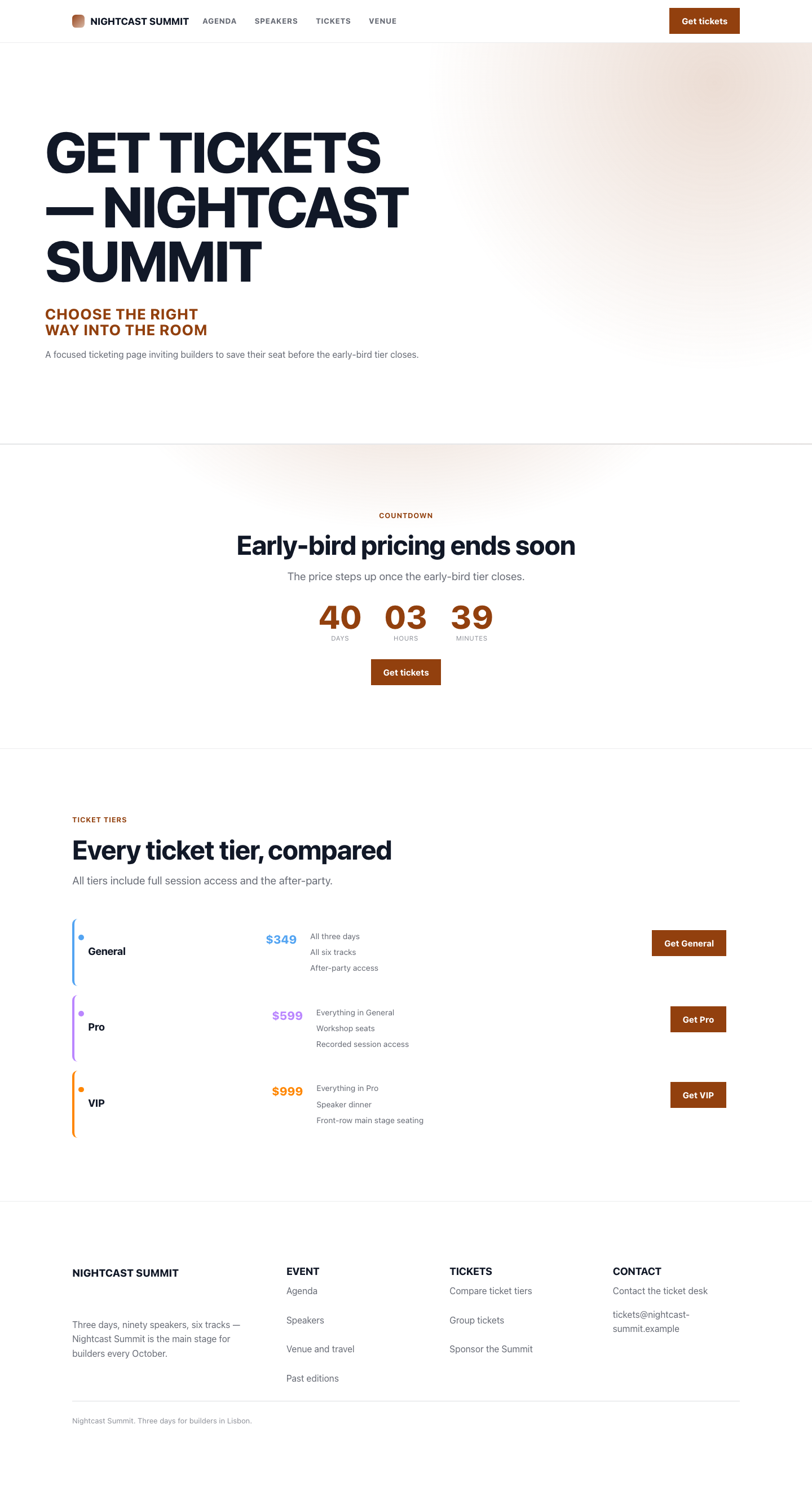 Events ticket call-to-action page