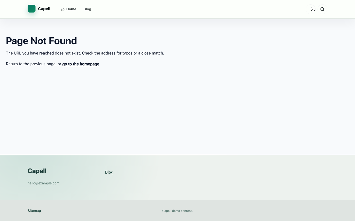Foundation Theme not-found page with navigation recovery actions.