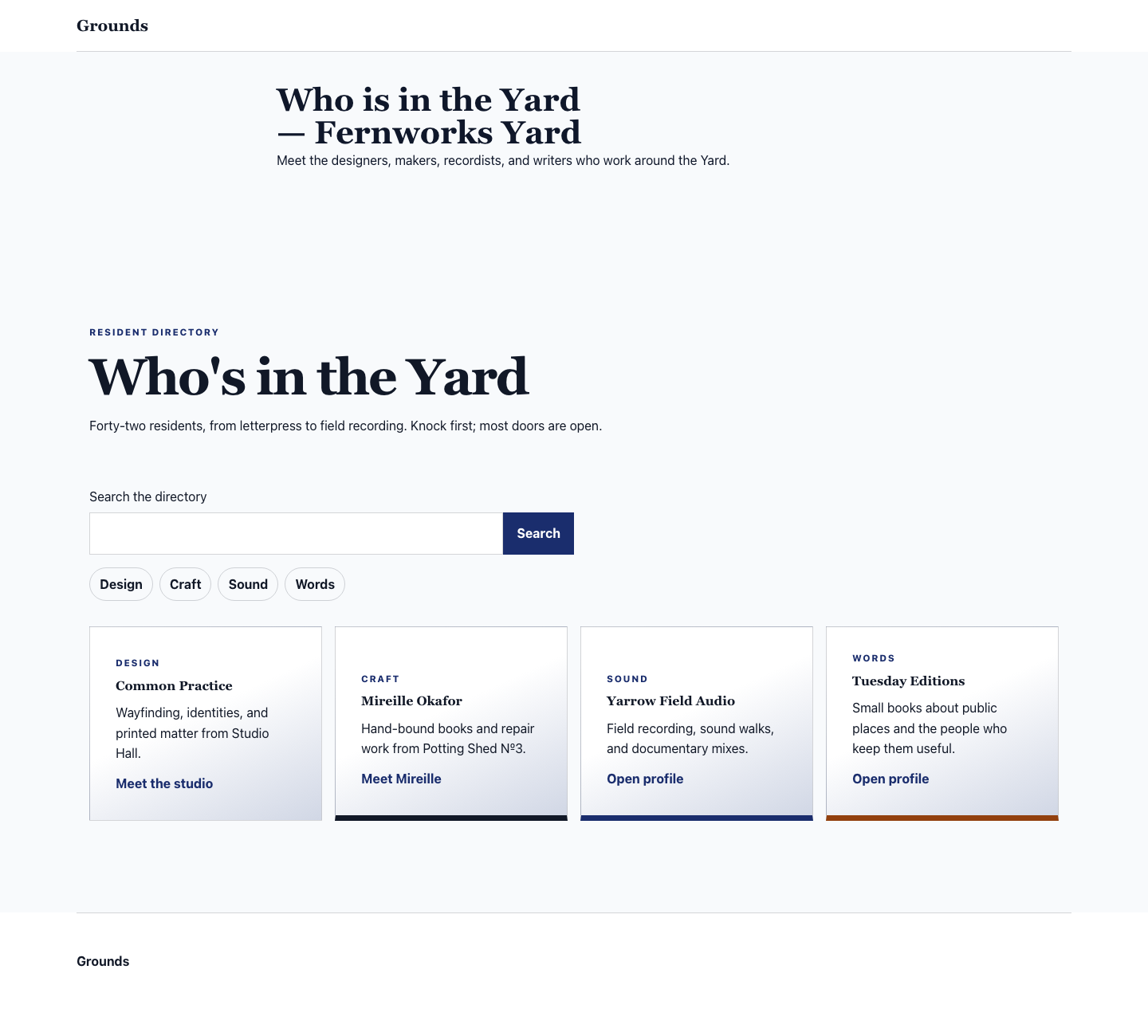 Fernworks Yard resident directory with terrain cards and category filters