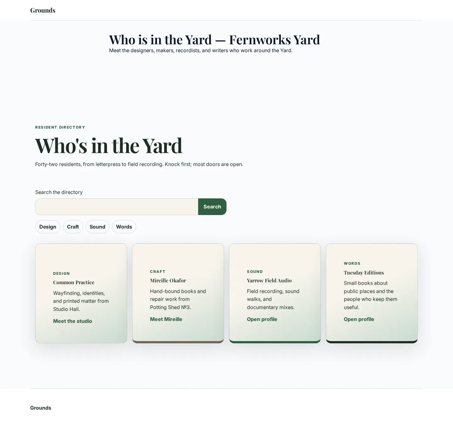 Fernworks Yard resident directory with terrain cards and category filters