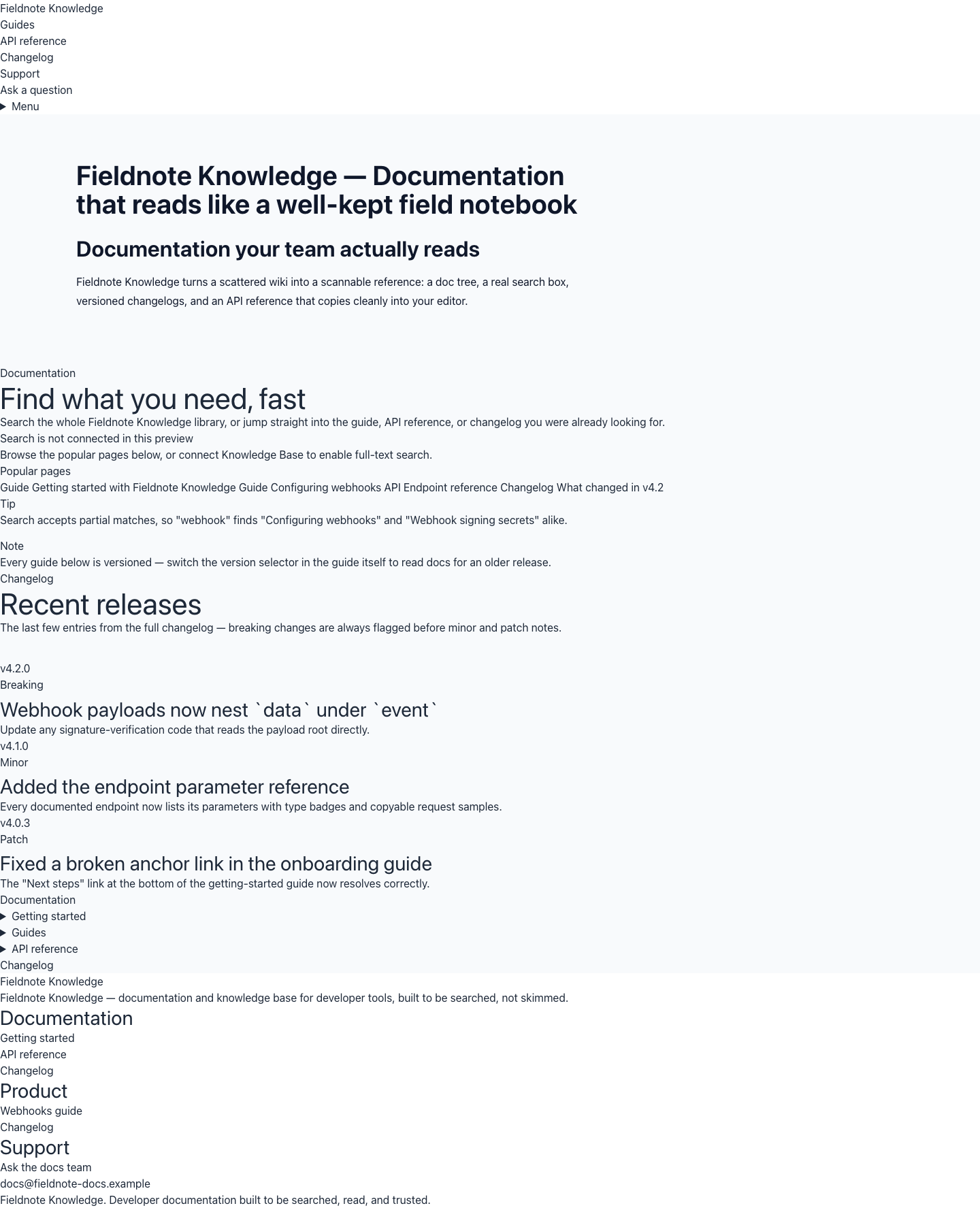 Theme Knowledge homepage with documentation navigation and featured guidance.