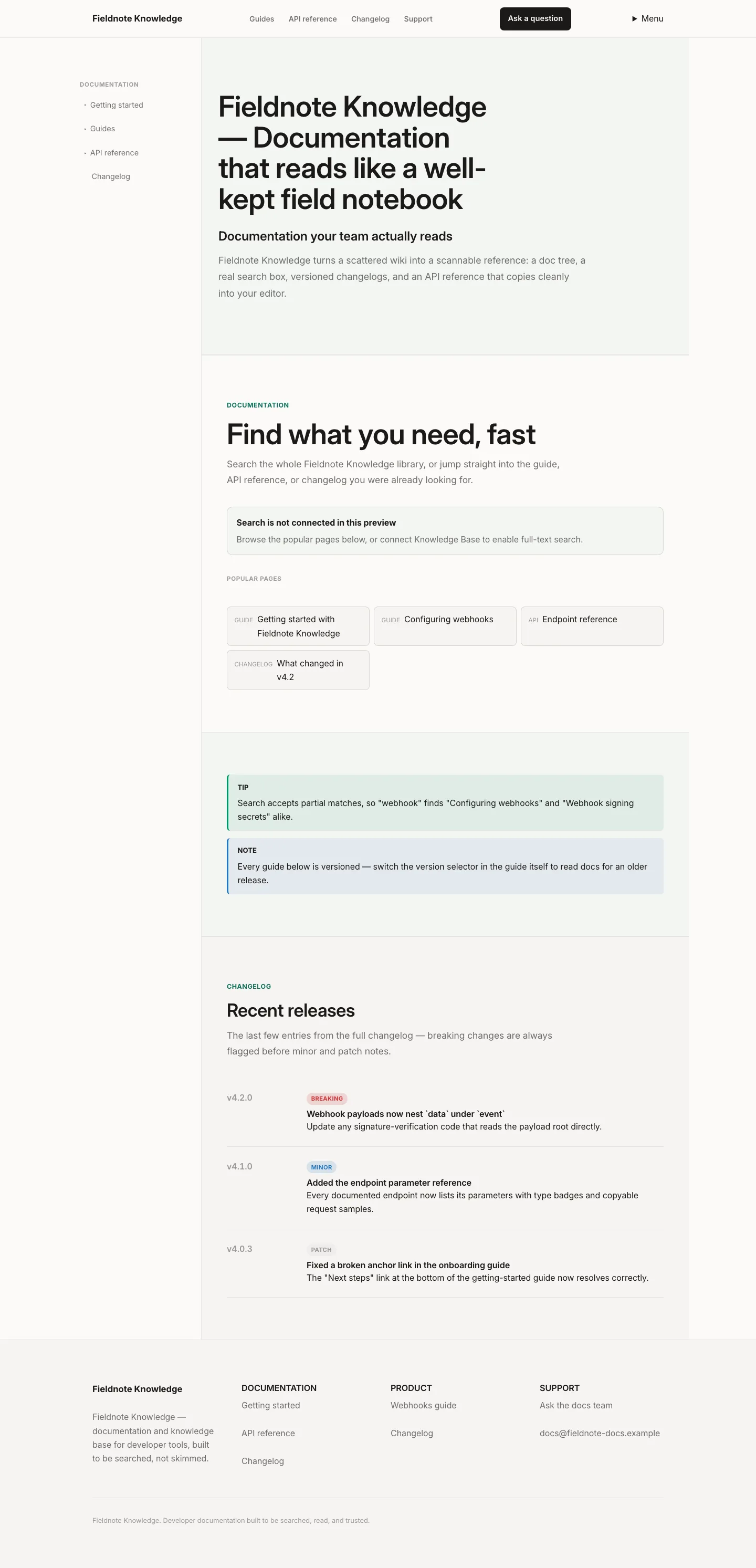 Theme Knowledge homepage with documentation navigation and featured guidance.