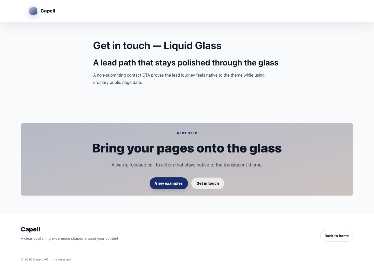 Theme Liquid Glass contact page rendered with conversion-focused actions.