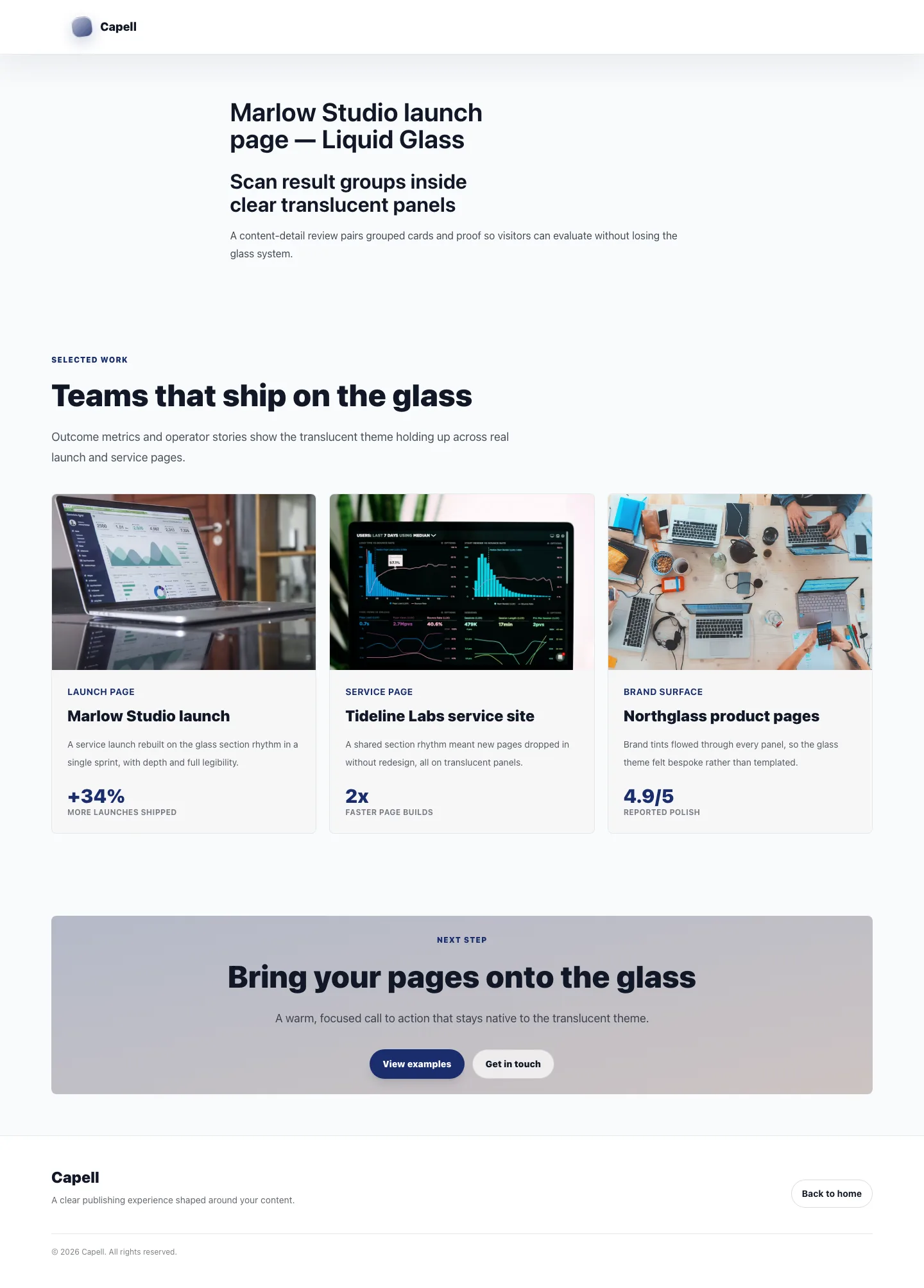 Theme Liquid Glass detail page rendered with translucent content cards.