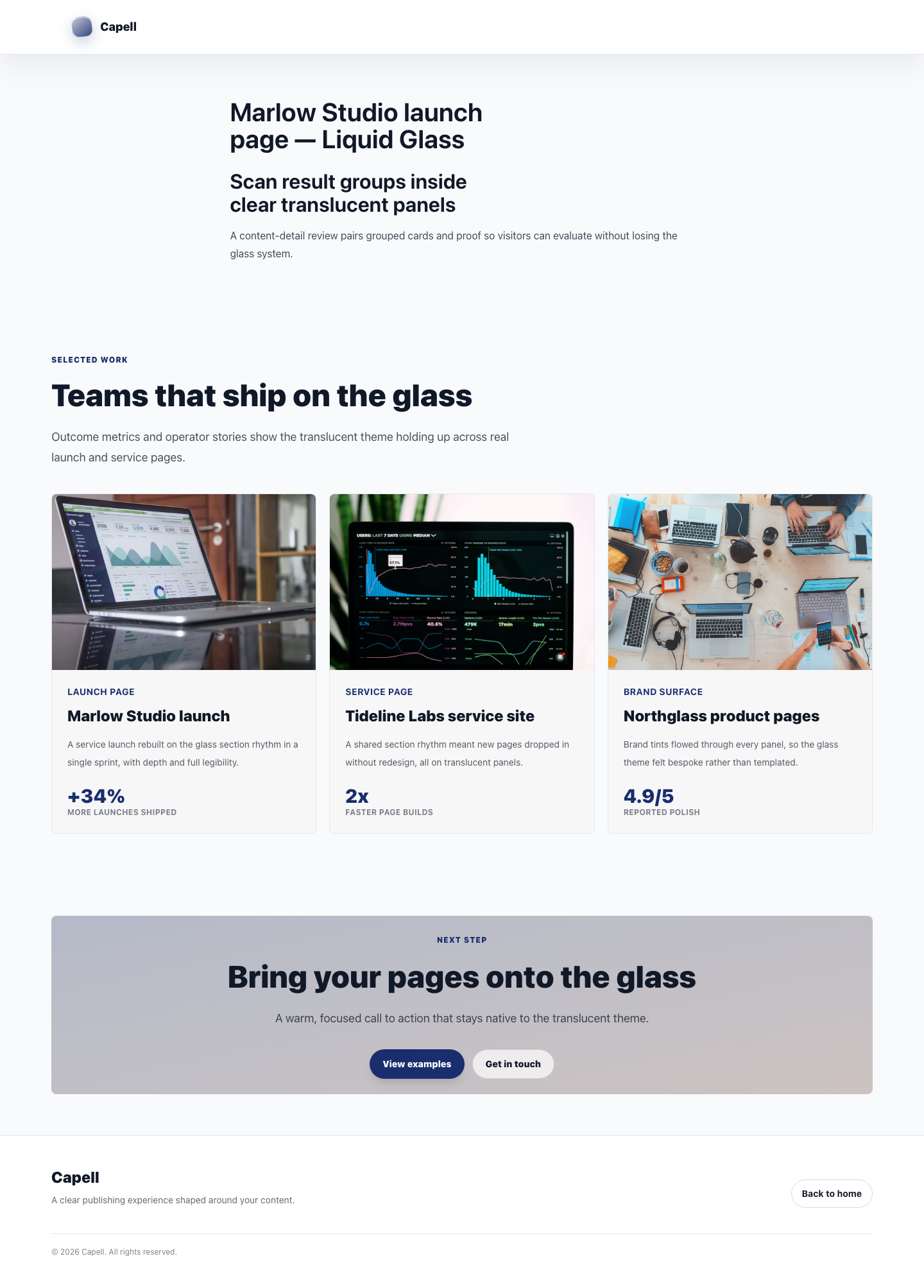 Theme Liquid Glass detail page rendered with translucent content cards.