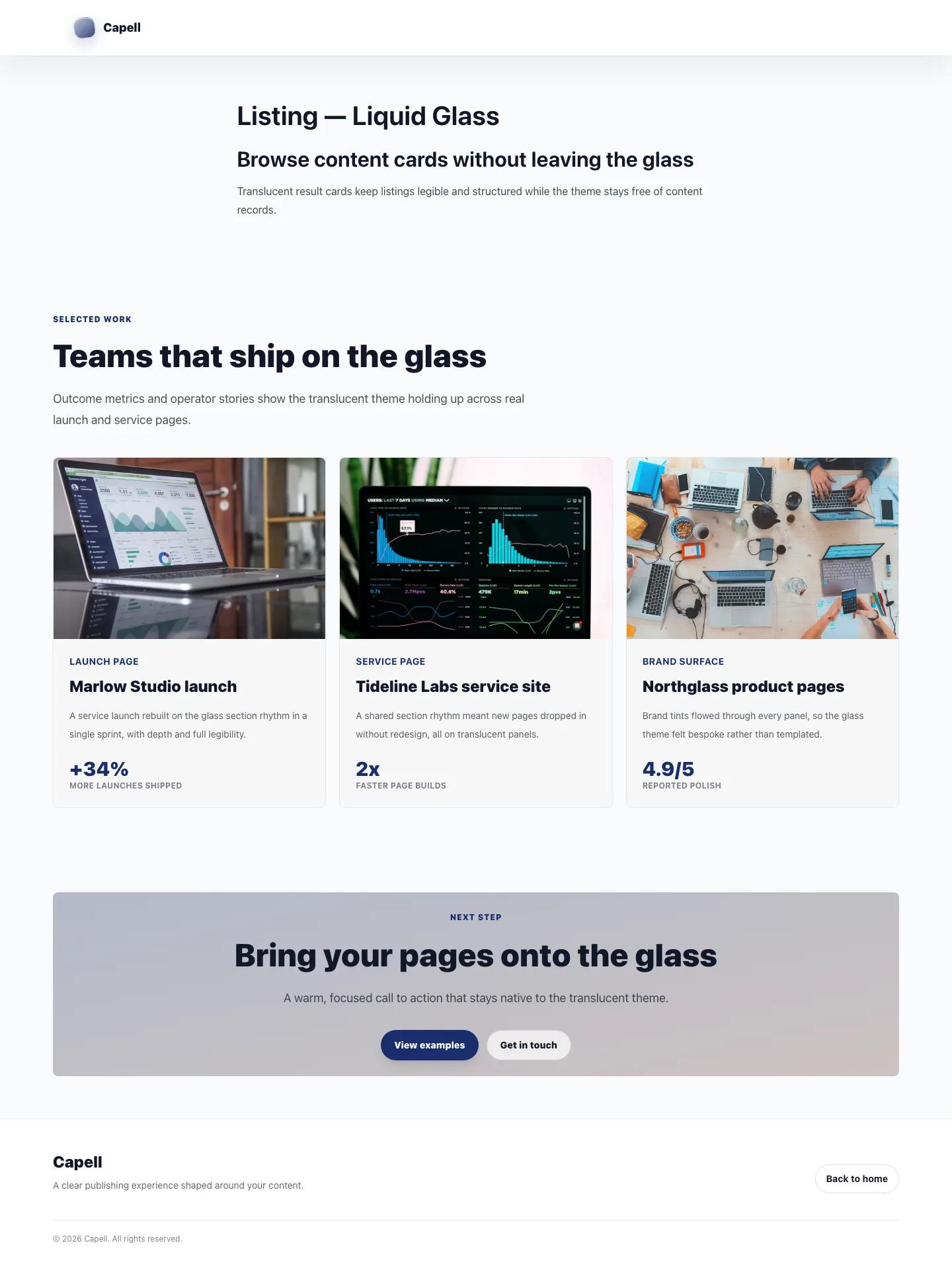 Theme Liquid Glass directory rendered with layered content cards.