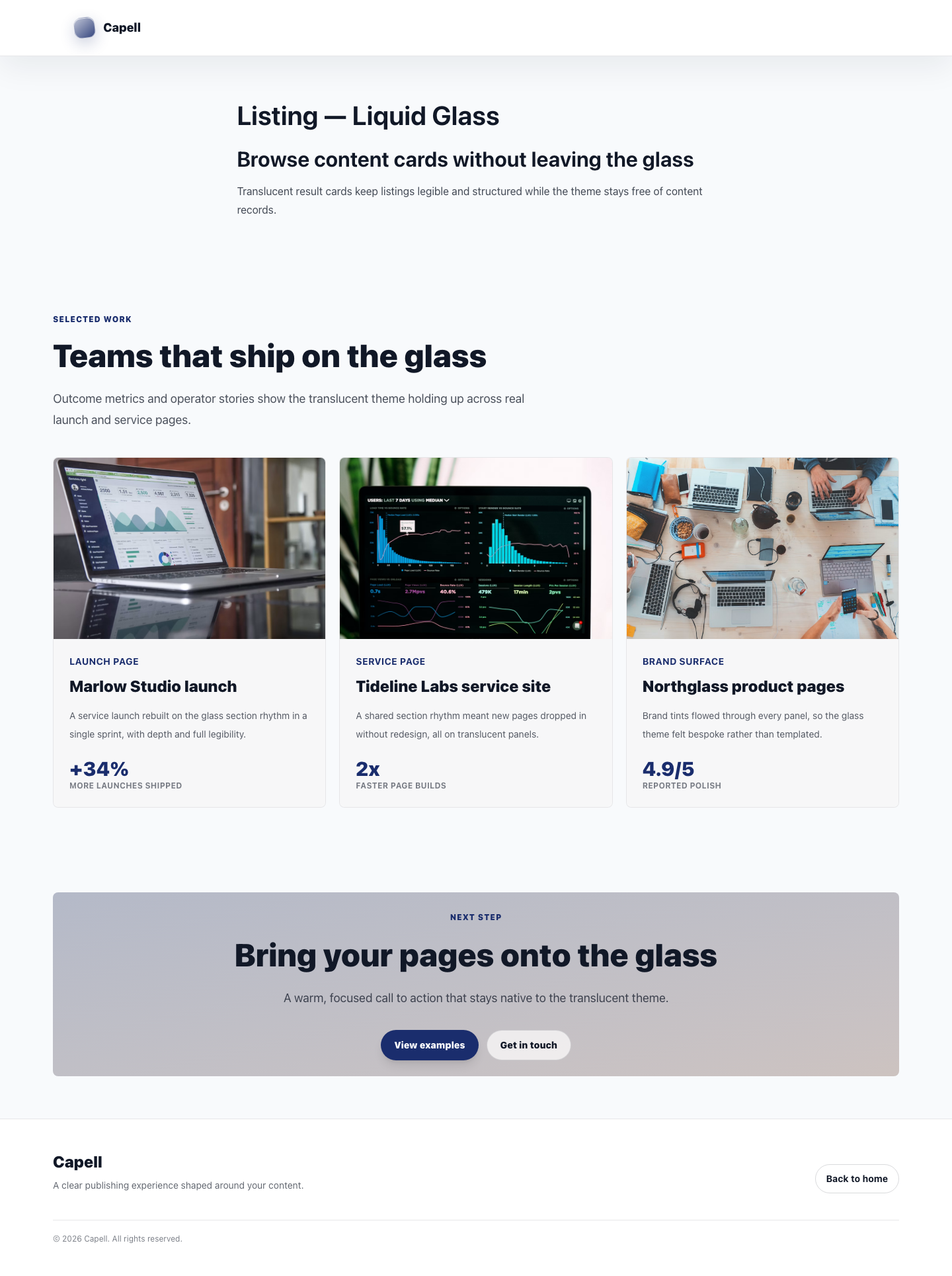 Theme Liquid Glass directory rendered with layered content cards.