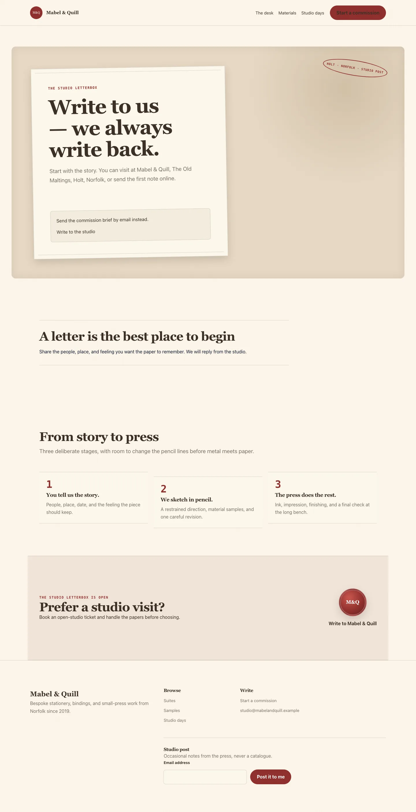 Paperdesk contact page styled as a postmarked letter