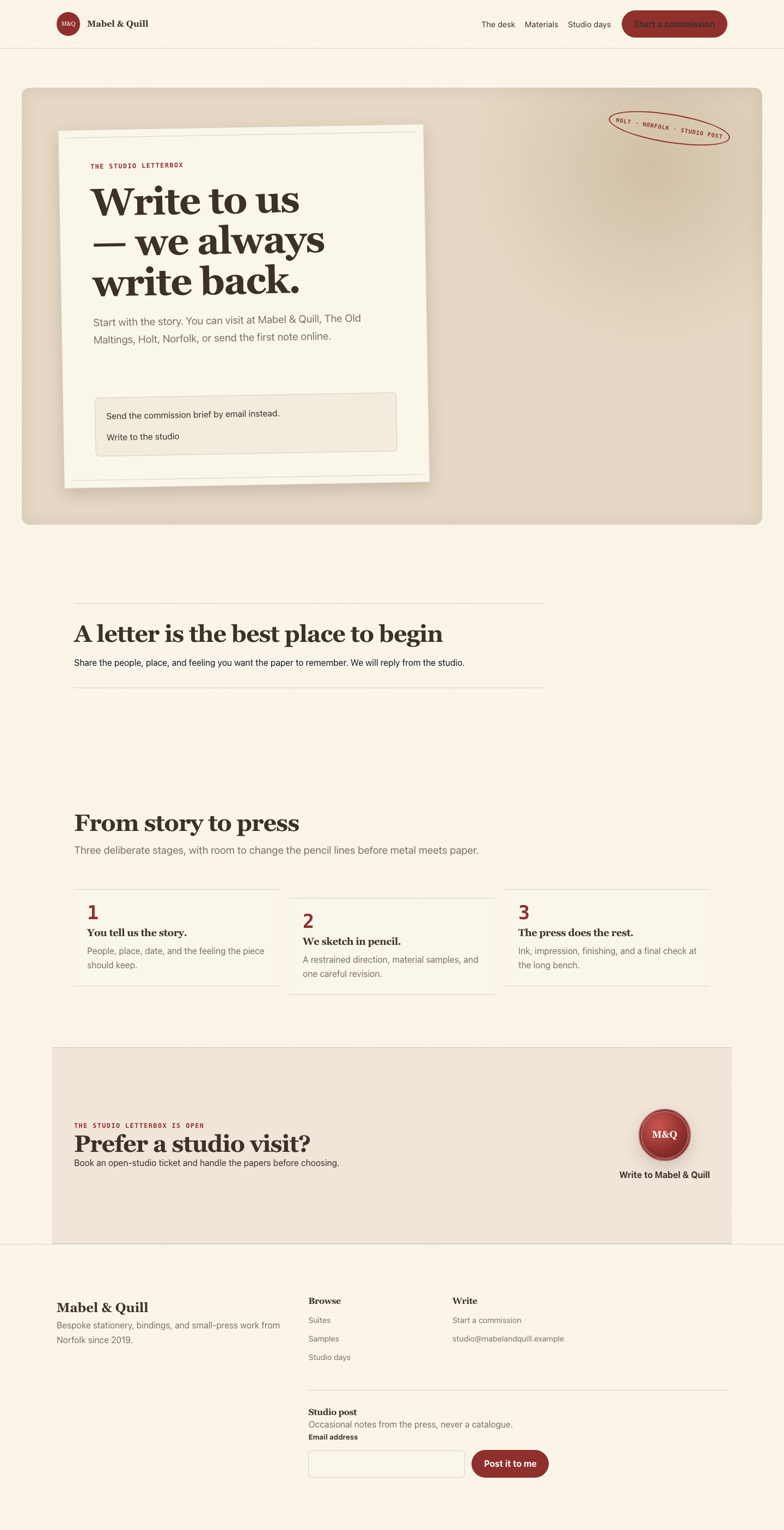 Paperdesk contact page styled as a postmarked letter