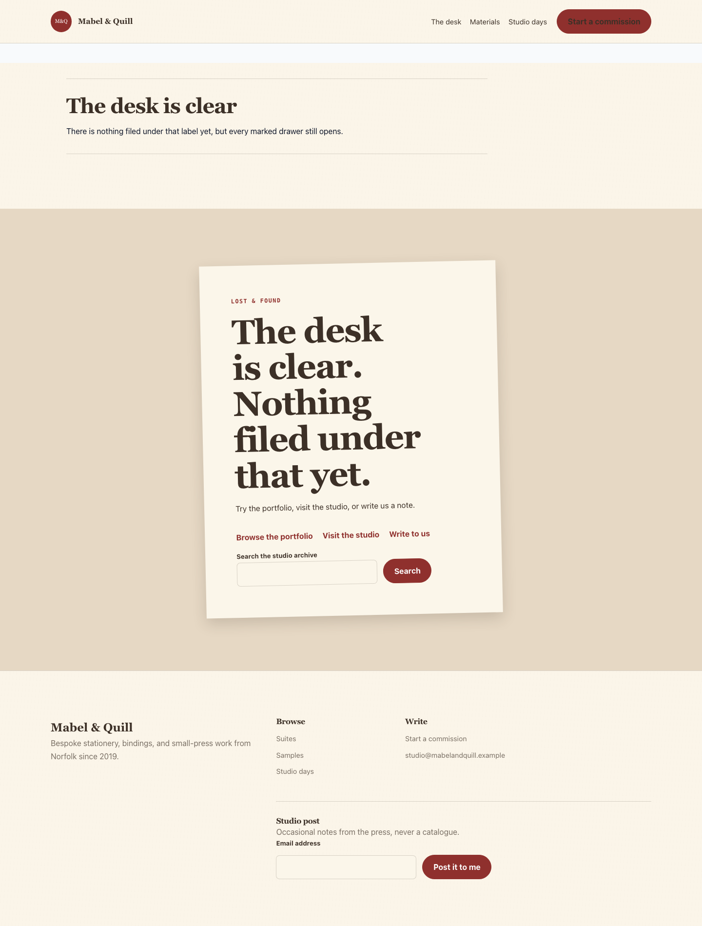 Paperdesk empty state with a lost note and recovery links