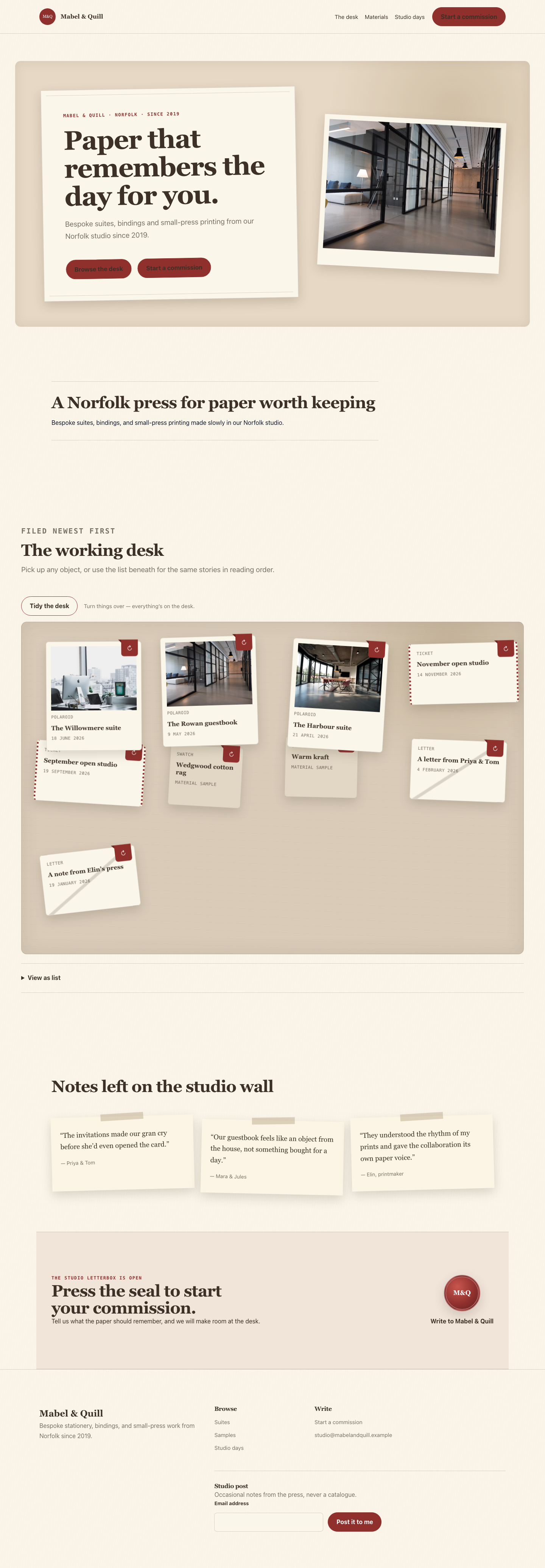 Paperdesk homepage showing Mabel and Quill's tactile object desk