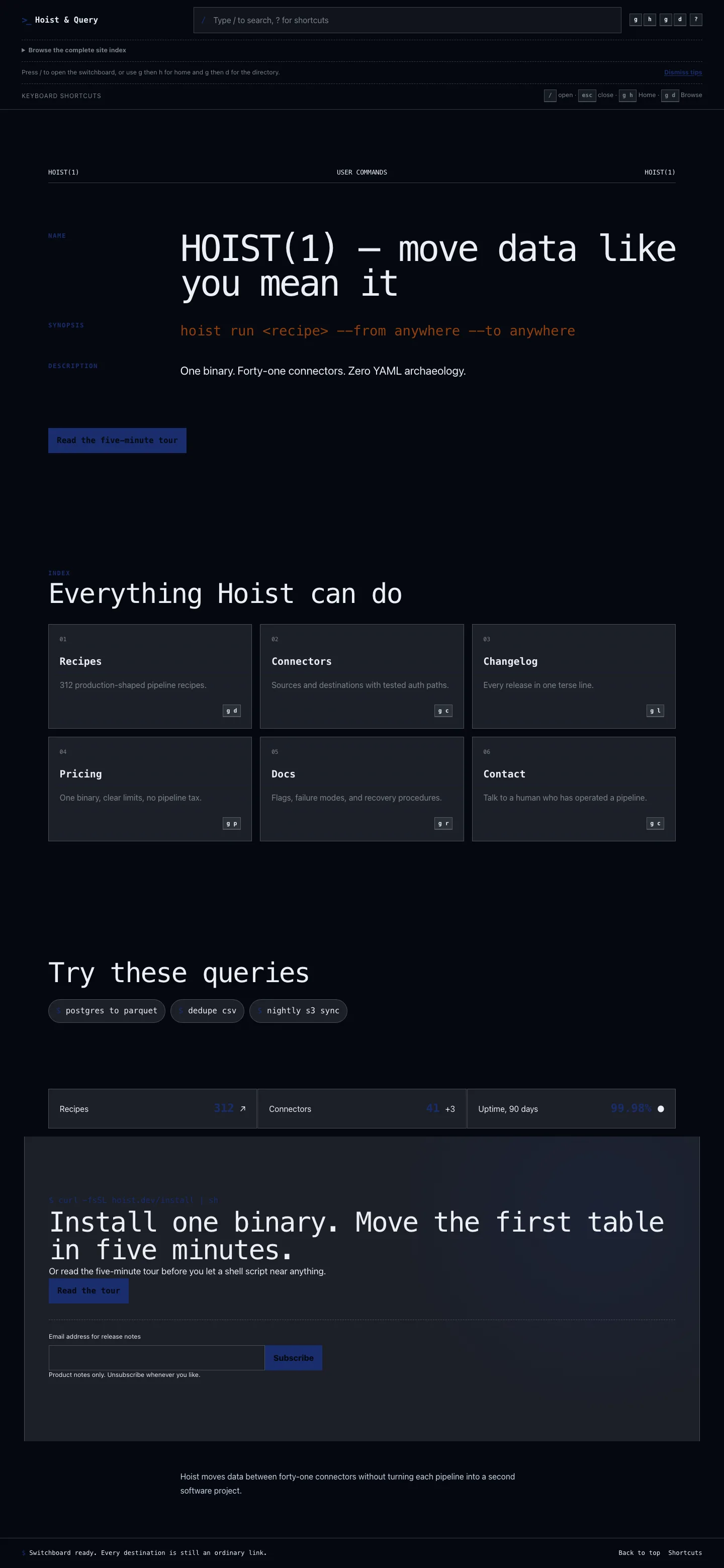 Hoist and Query homepage with permanent command bar and ruled destination cards