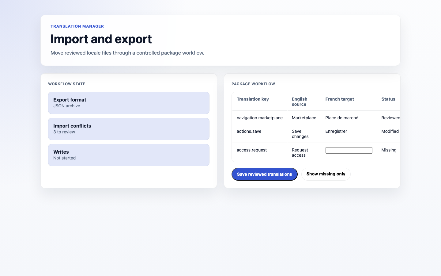 Translation Manager Import Export Actions screenshot.