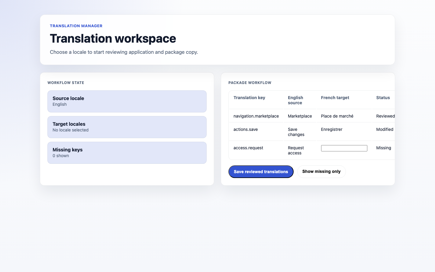 Illustrative translation Manager empty state with source and filter controls