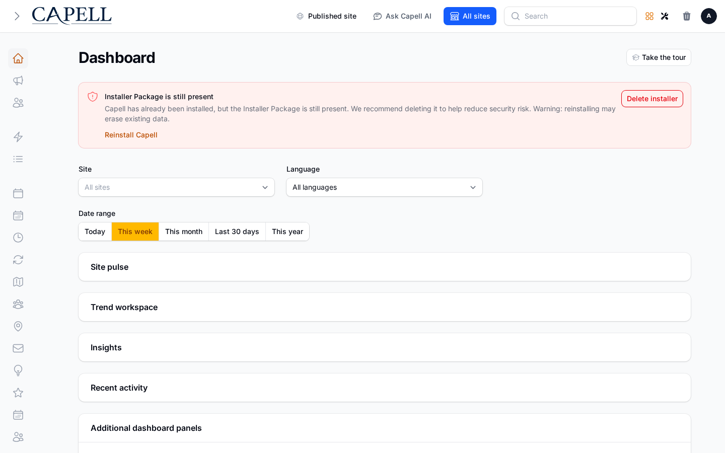 Capell admin dashboard with the Welcome Tour onboarding checklist