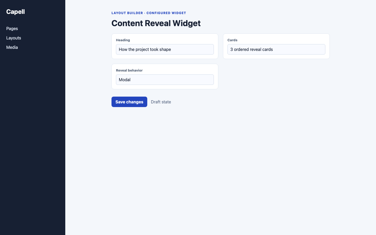 Content Reveal Layout Builder Editor screenshot.
