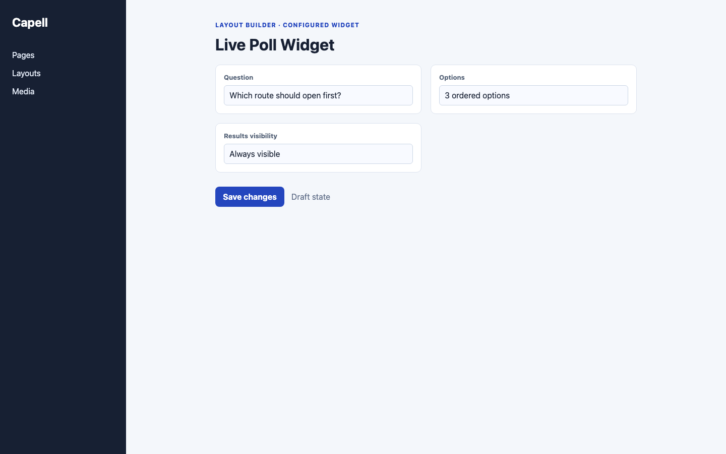 Live Poll Layout Builder Editor screenshot.