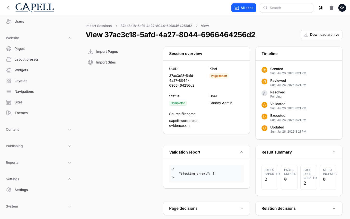 Completed WordPress WXR import session in Migration Assistant